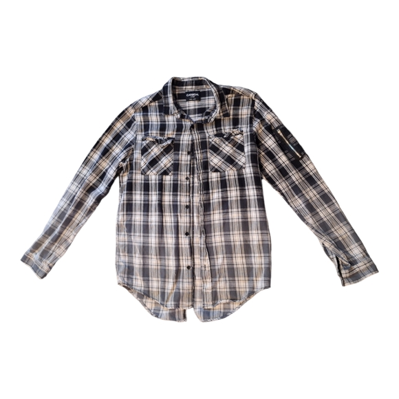Unisex blk/WHT plaid decending color fade Carbon sz LG button up - Picture 1 of 3